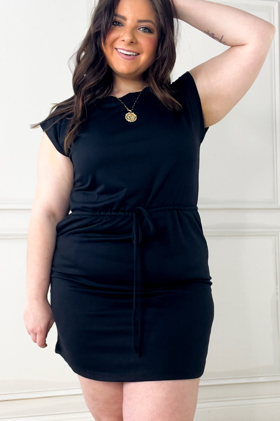 Drawstring Waist Cap Sleeve Mini Dress