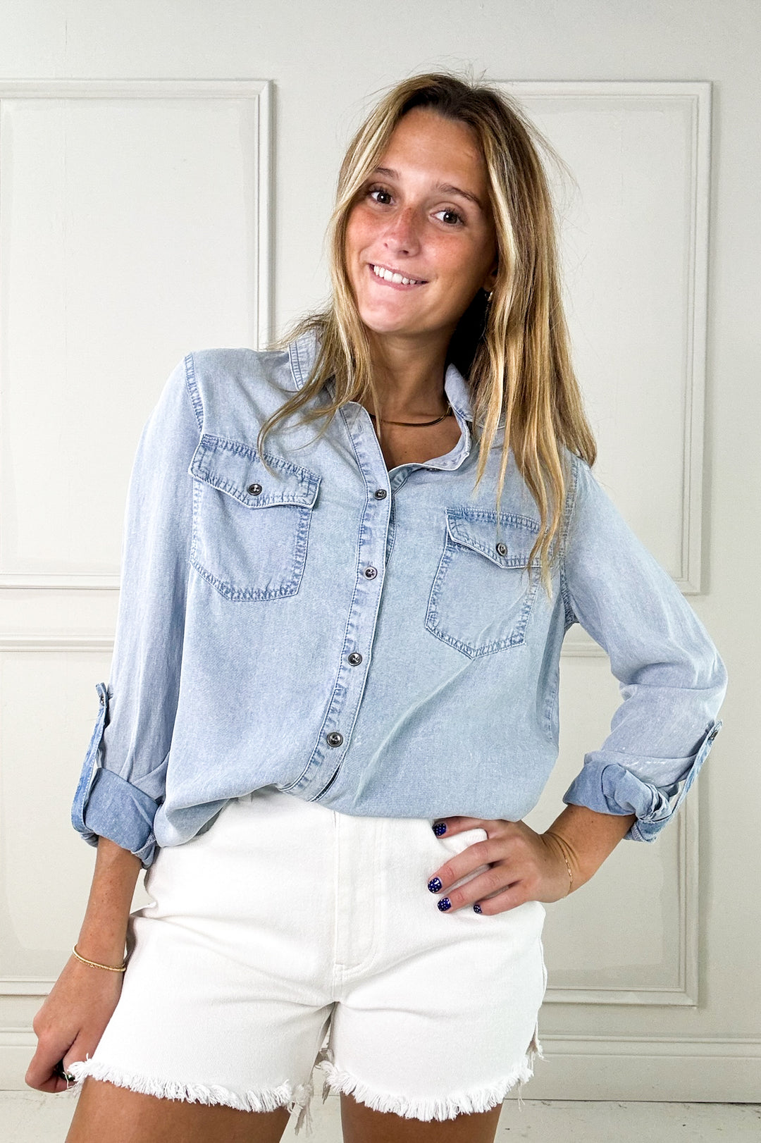 Chambray Button Down Shirt with Roll Up Sleeve