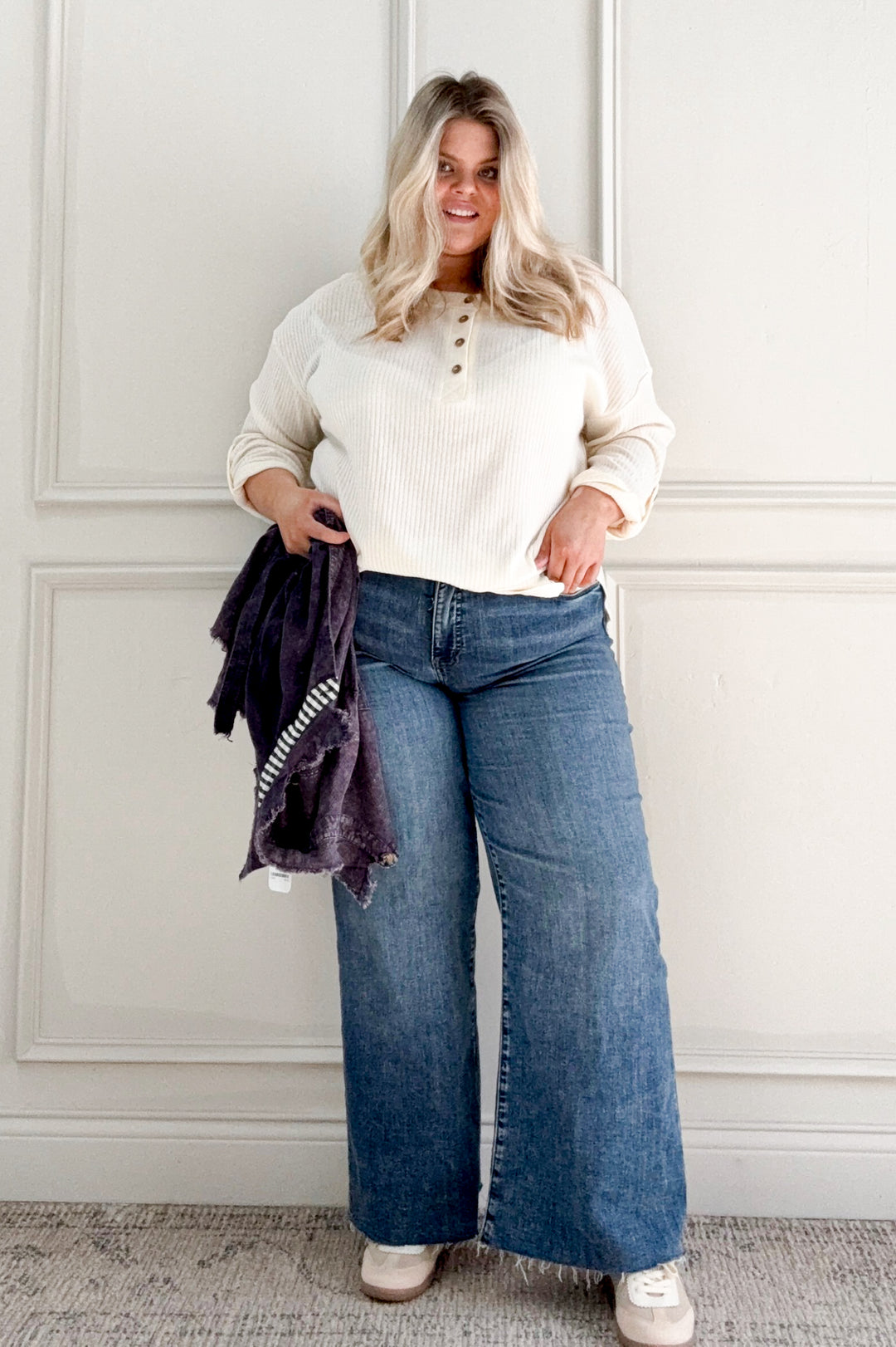 Tab Sleeve Henley Knit Curvy Top