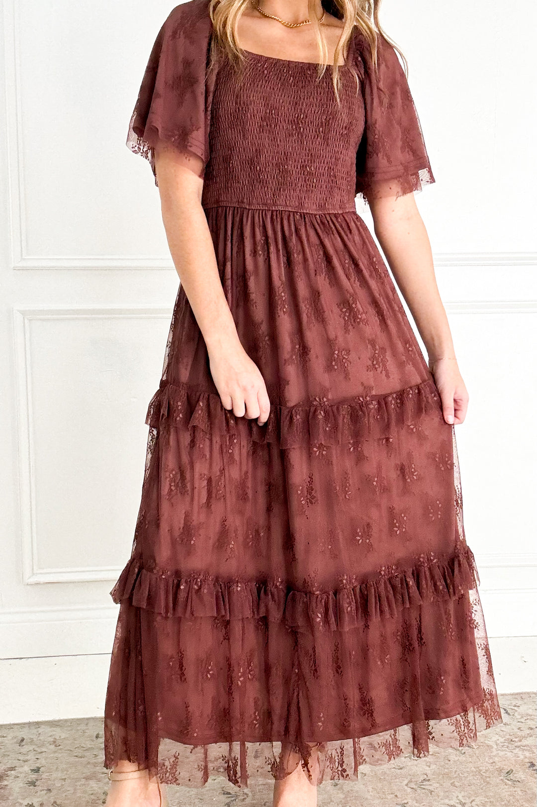 Chocolate Lace Tiered Holiday Maxi Dress