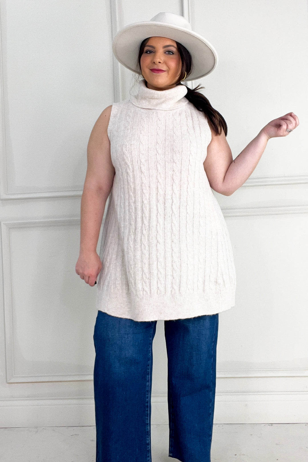 Turtleneck Cable Knit Tunic Vest