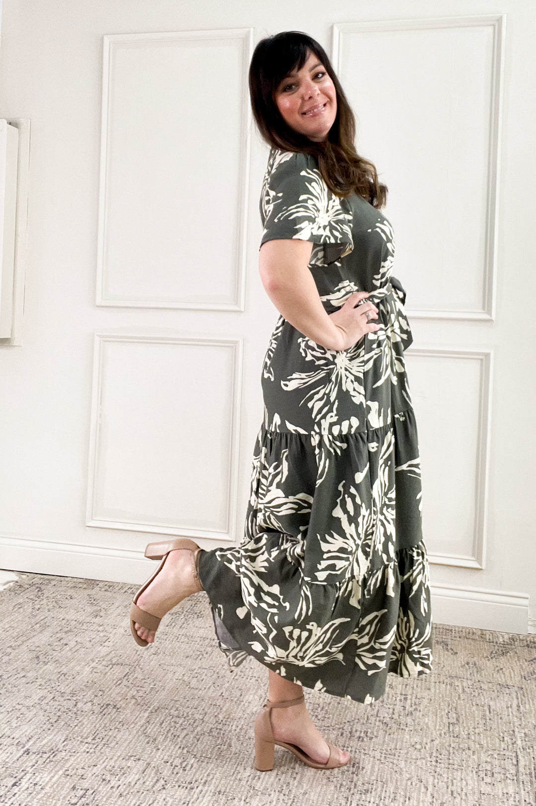 Short Sleeve Printed Tiered Midi Dress