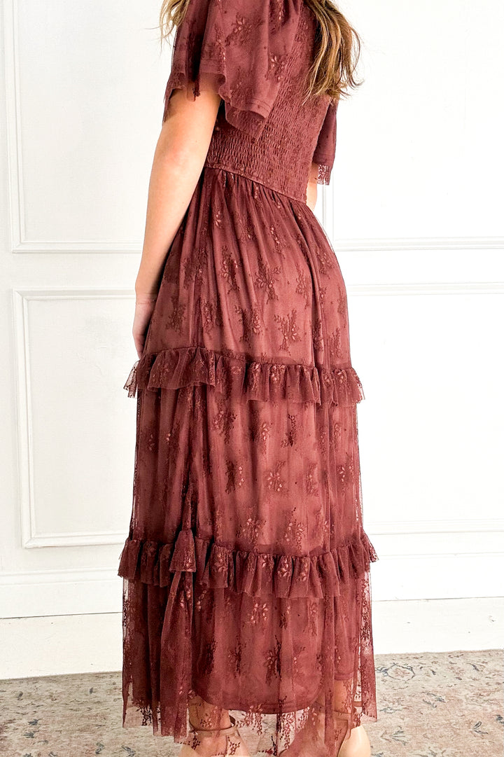 Chocolate Lace Tiered Holiday Maxi Dress