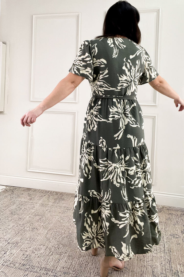 Short Sleeve Printed Tiered Midi Dress