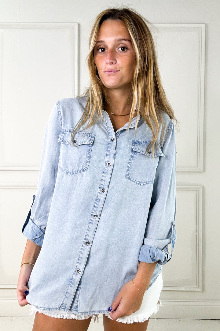 Chambray Button Down Shirt with Roll Up Sleeve