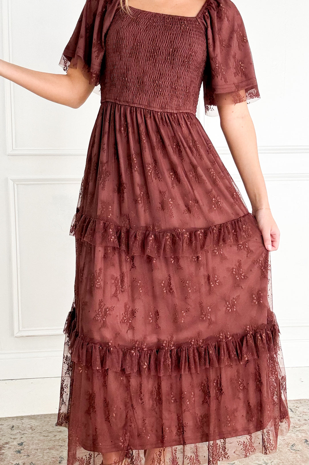 Chocolate Lace Tiered Holiday Maxi Dress