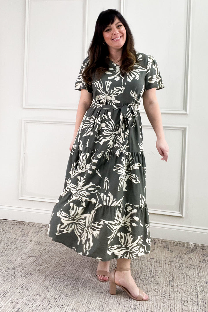 Short Sleeve Printed Tiered Midi Dress