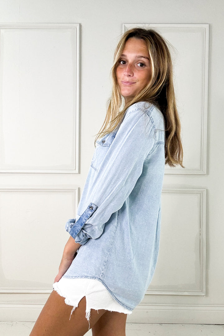 Chambray Button Down Shirt with Roll Up Sleeve