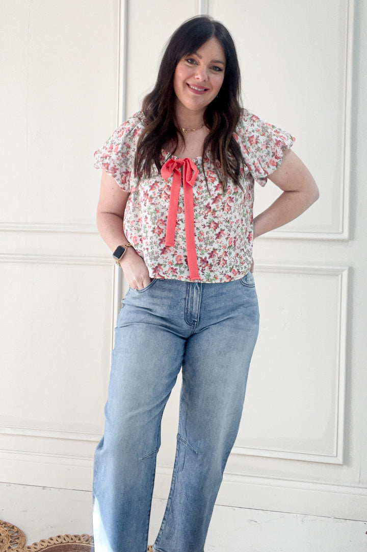 Short Bubble Sleeve Bow Detail Floral Blouse