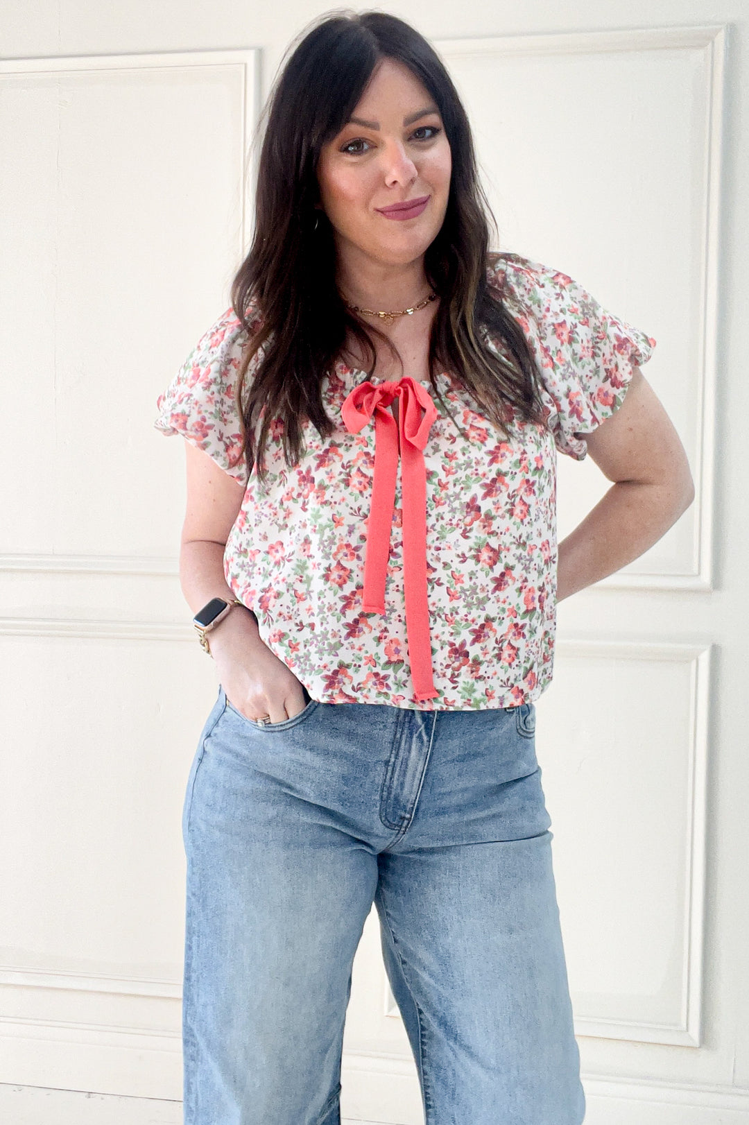 Short Bubble Sleeve Bow Detail Floral Blouse