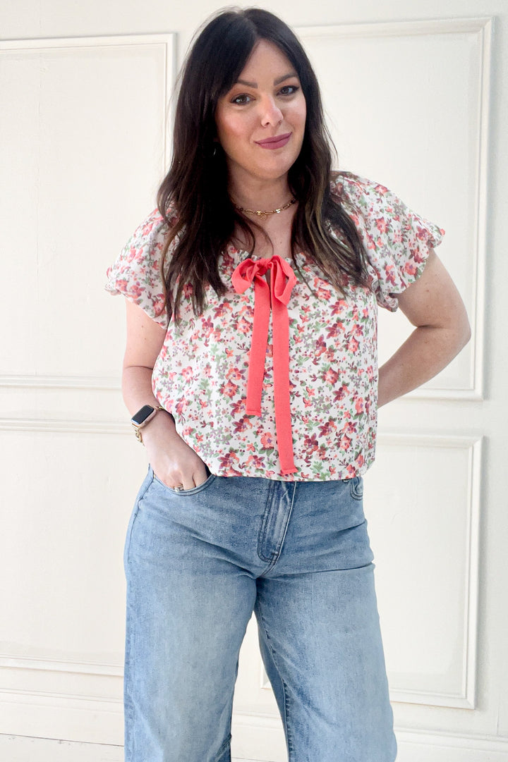 Short Bubble Sleeve Bow Detail Floral Blouse