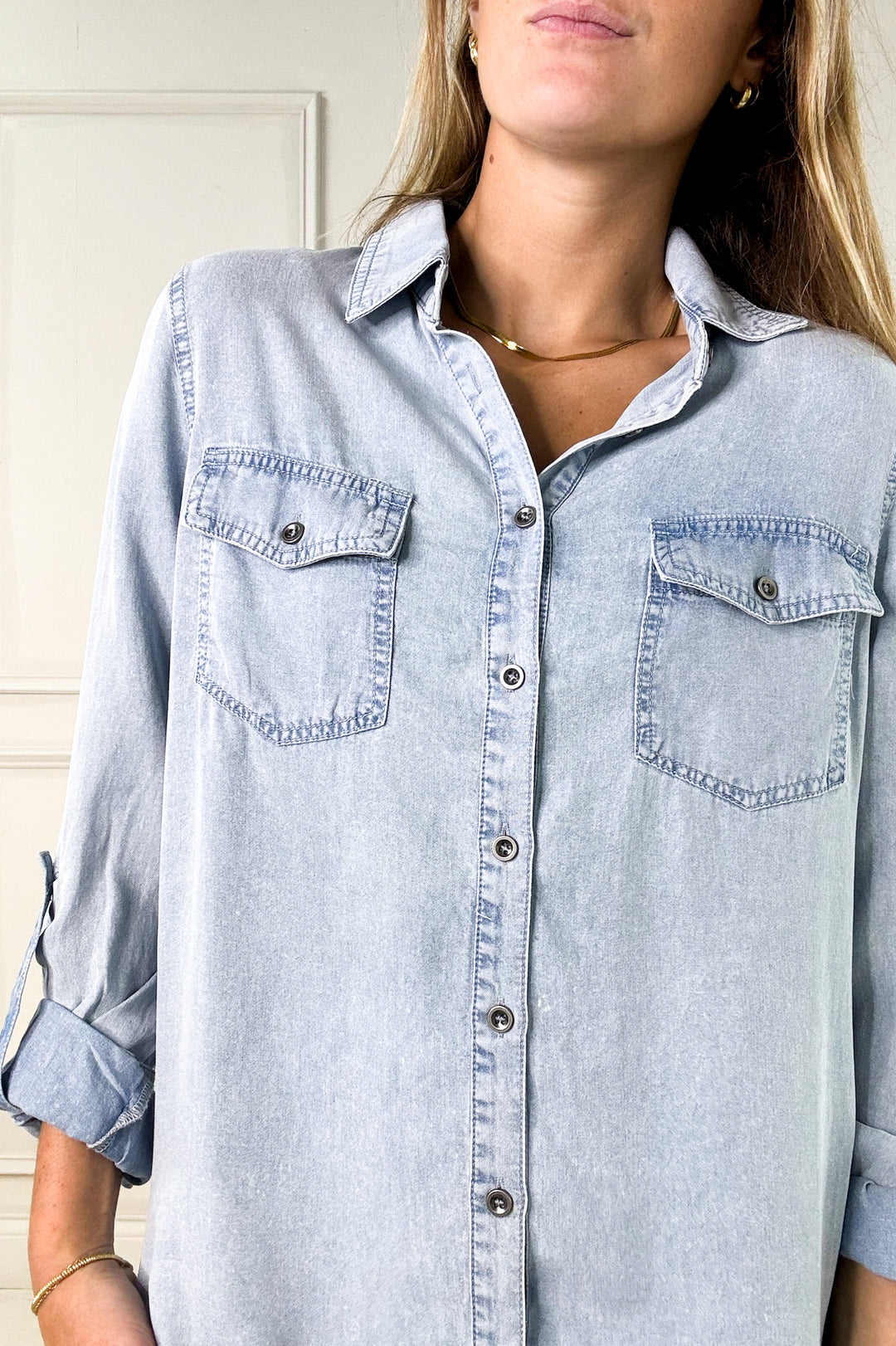 Chambray Button Down Shirt with Roll Up Sleeve