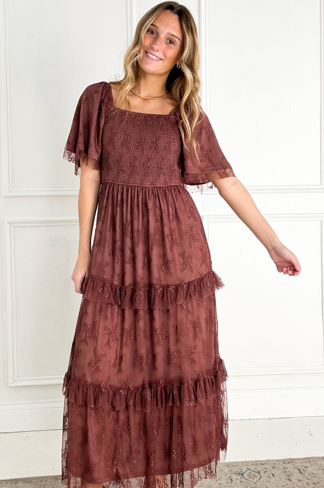 Chocolate Lace Tiered Holiday Maxi Dress