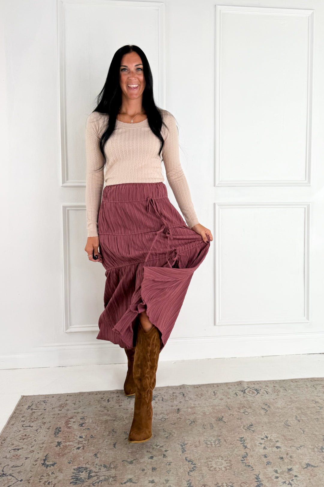 Graceful Side Slit & Bow Tiered Midi Skirt: