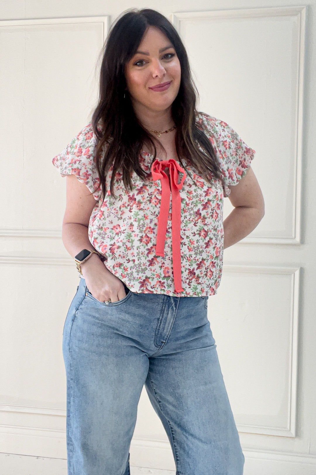 Short Bubble Sleeve Bow Detail Floral Blouse