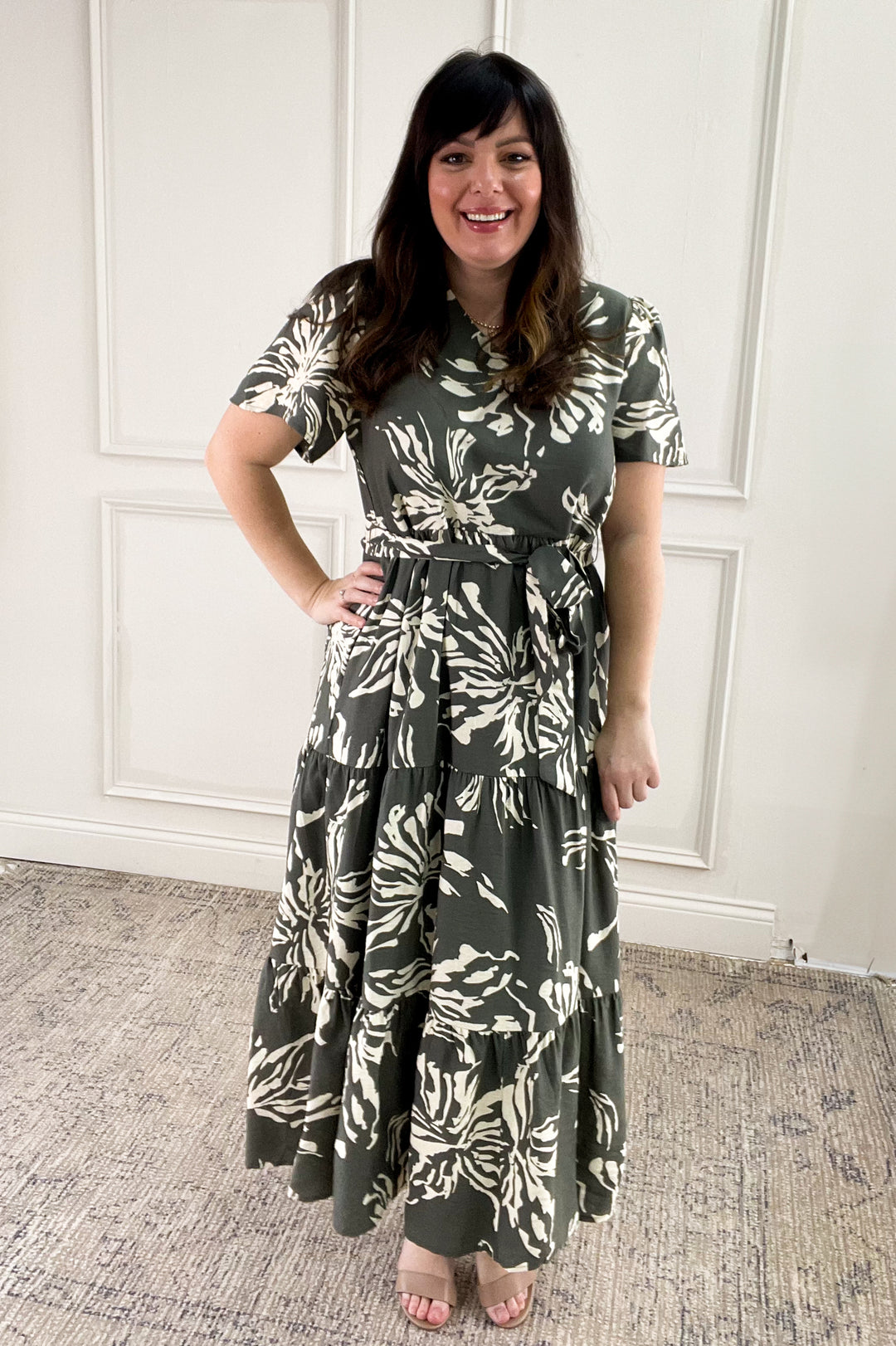 Short Sleeve Printed Tiered Midi Dress