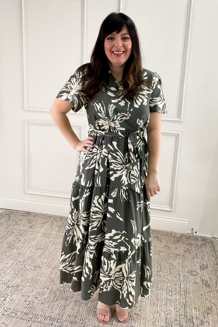 Short Sleeve Printed Tiered Midi Dress