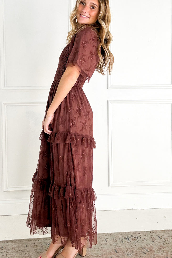 Chocolate Lace Tiered Holiday Maxi Dress