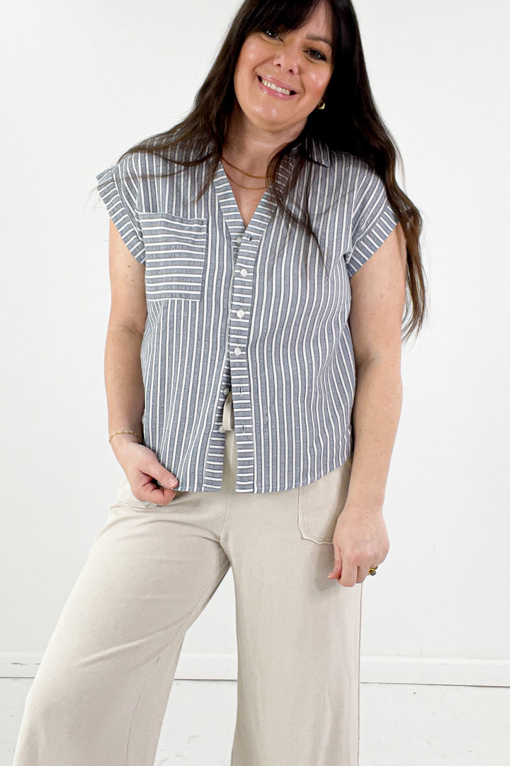Marina Contrast Pocket Button up Top