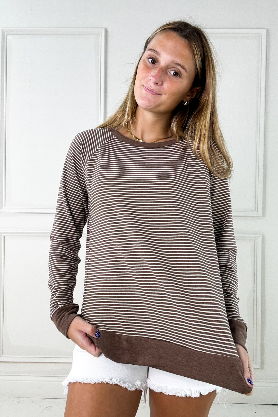 Color Trim Pinstripe Long Sleeve Raglan Top