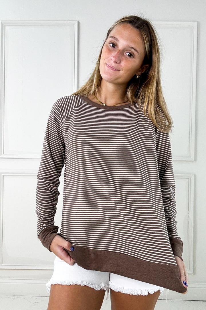 Color Trim Pinstripe Long Sleeve Raglan Top