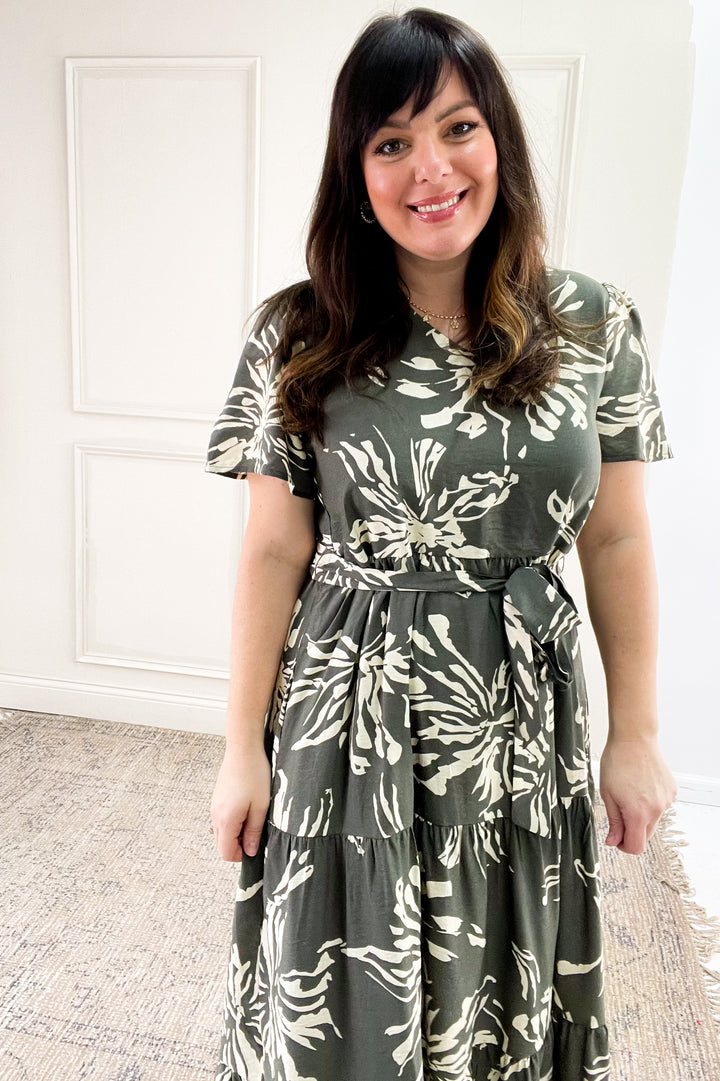 Short Sleeve Printed Tiered Midi Dress