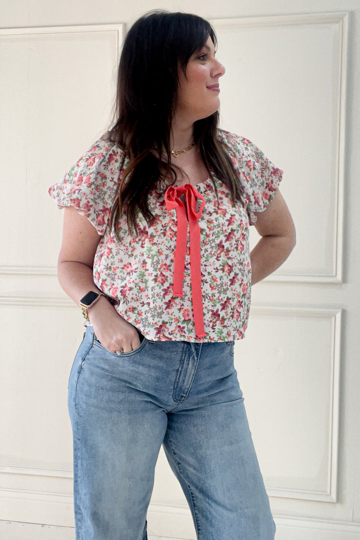 Short Bubble Sleeve Bow Detail Floral Blouse