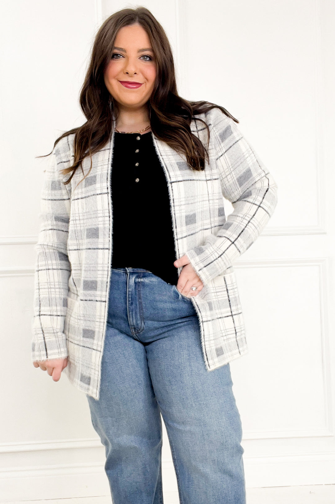 Open Front Checkered Fuzzy Sweater Cardigan
