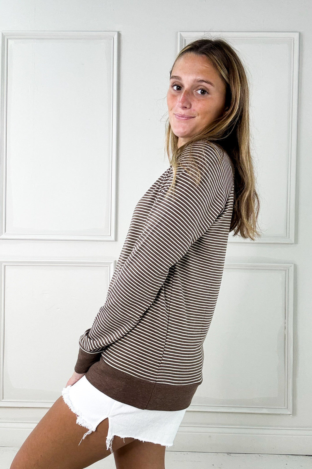 Color Trim Pinstripe Long Sleeve Raglan Top