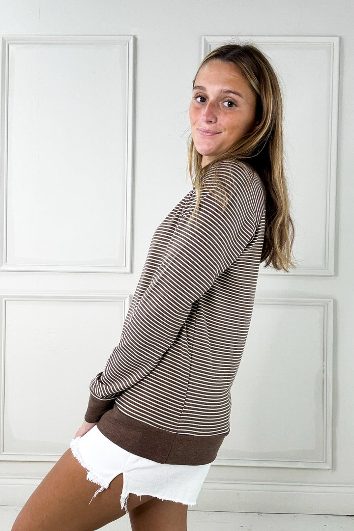 Color Trim Pinstripe Long Sleeve Raglan Top