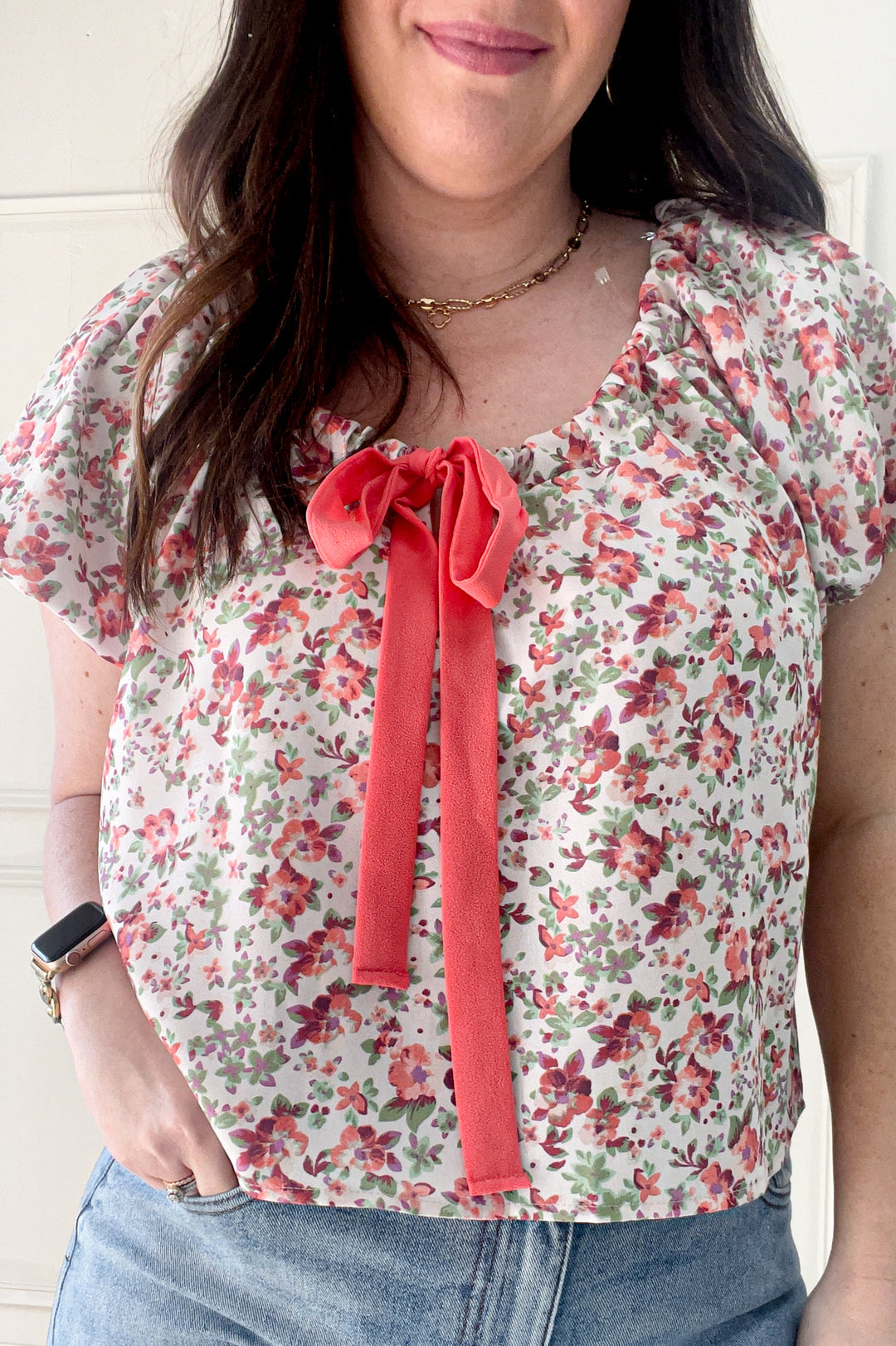 Short Bubble Sleeve Bow Detail Floral Blouse