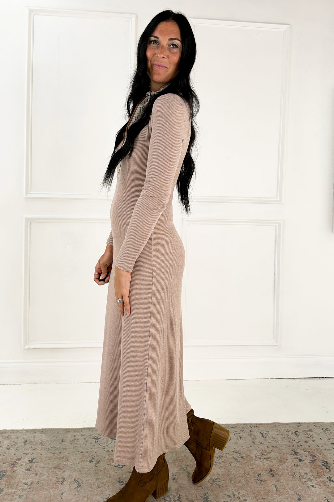 Ribbed Soft Knit Long Sleeve Midi Dress