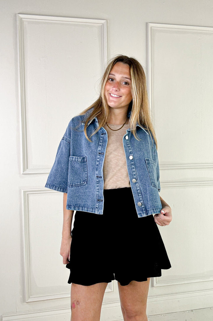 Button Up Short Sleeve Denim Crop Jacket