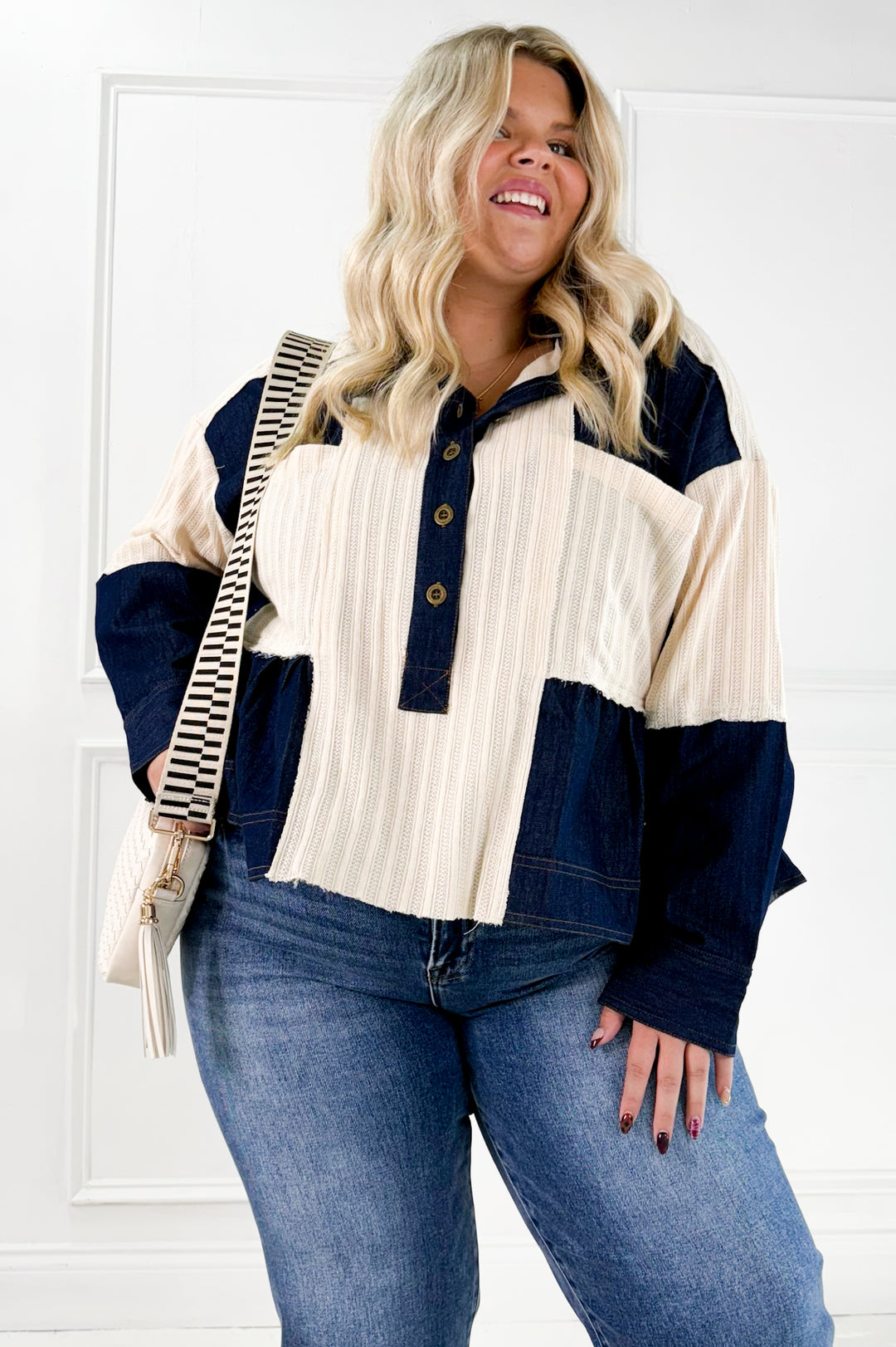 Denim Patchwork Button Down Waffle Knit Curvy Top