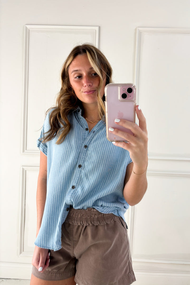 Short Rolled Sleeve Button Up Pinstripe Blouse