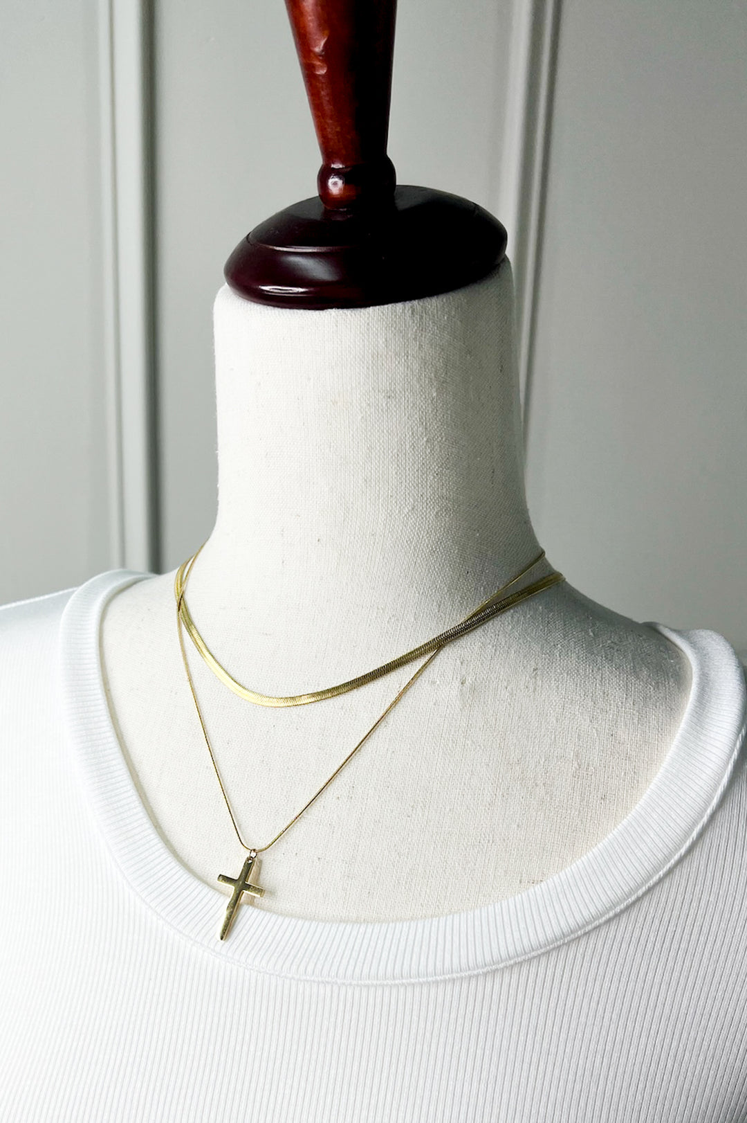 Layered Gold Herringbone & Cross Necklace