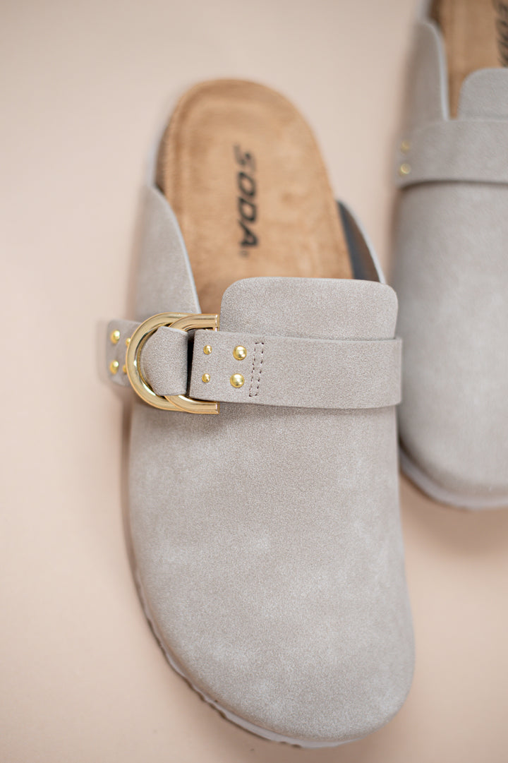 Cork Sole Gold Buckle Clogs