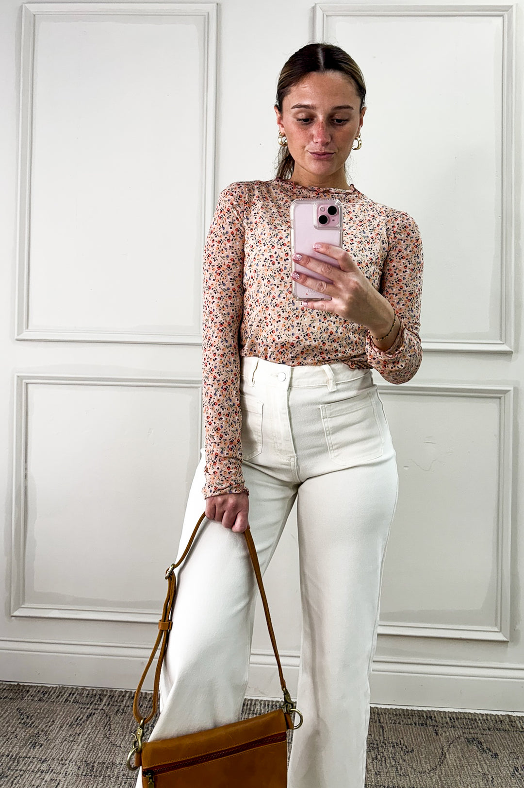 Semi Sheer Floral Mesh Long Sleeve Top