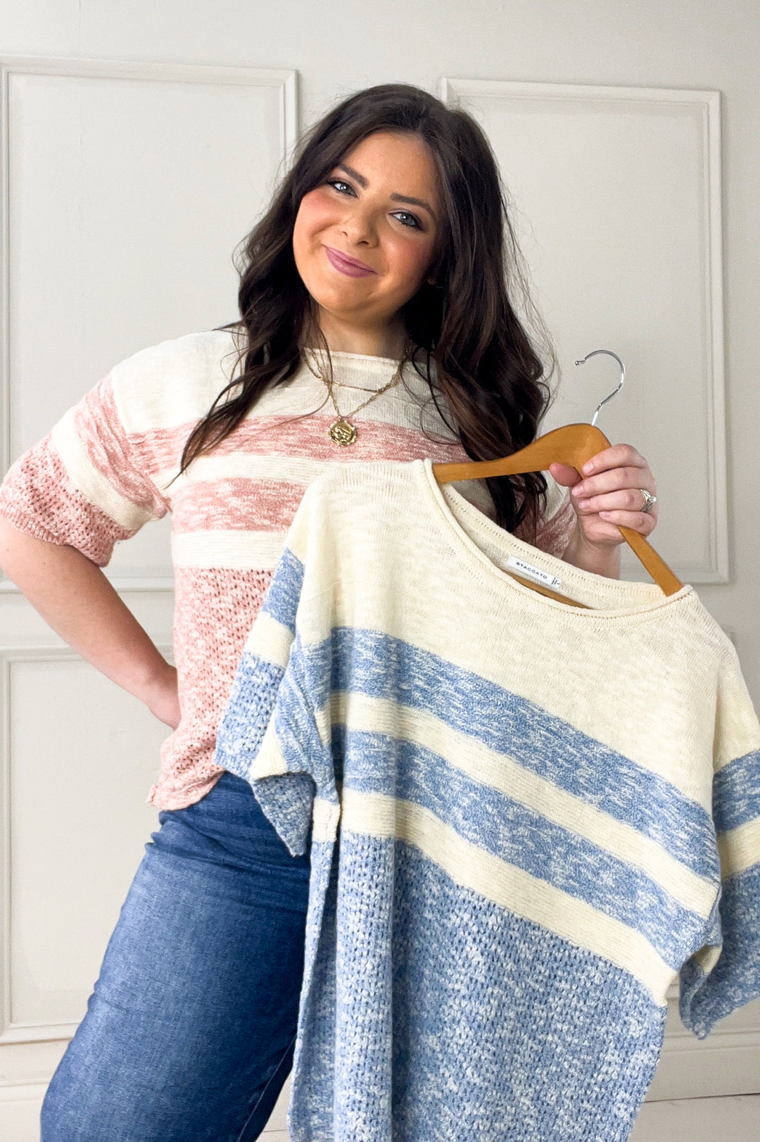 Stripe Color Block Textured Half Sleeve Sweater