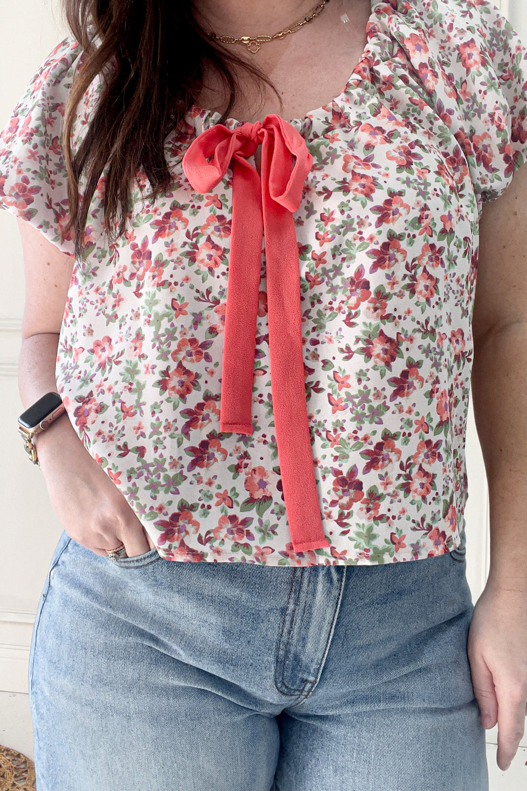 Short Bubble Sleeve Bow Detail Floral Blouse