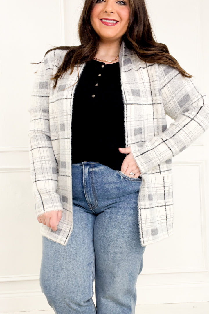 Open Front Checkered Fuzzy Sweater Cardigan