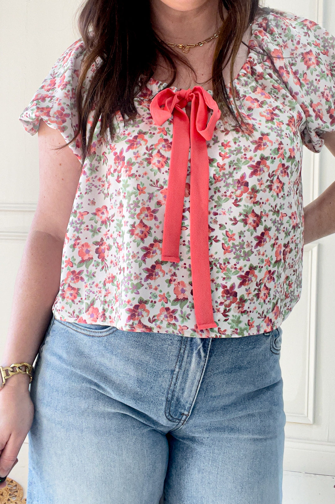 Short Bubble Sleeve Bow Detail Floral Blouse