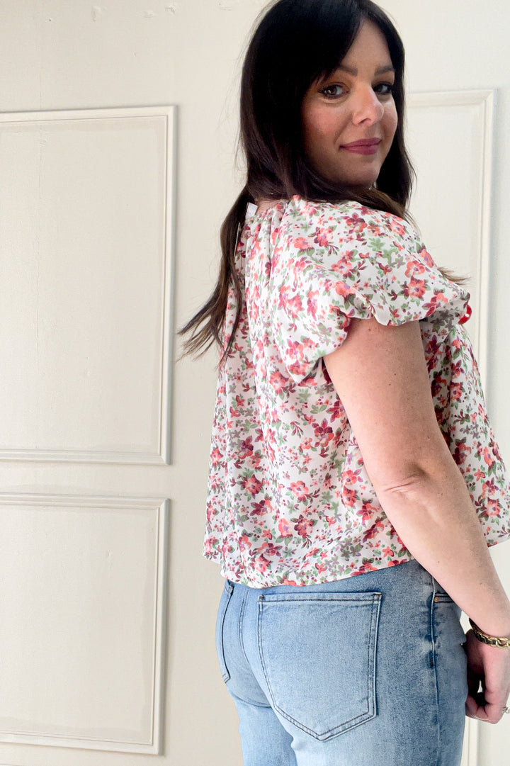 Short Bubble Sleeve Bow Detail Floral Blouse