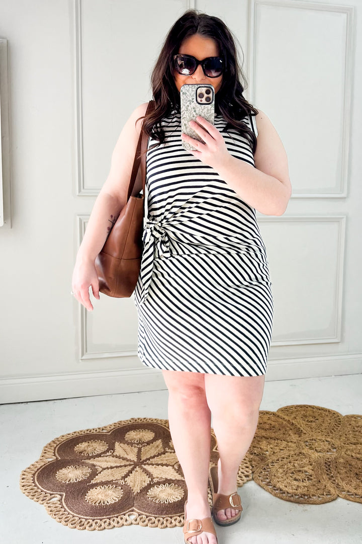 Stripe Linen Blend Mock Wrap Tank Dress