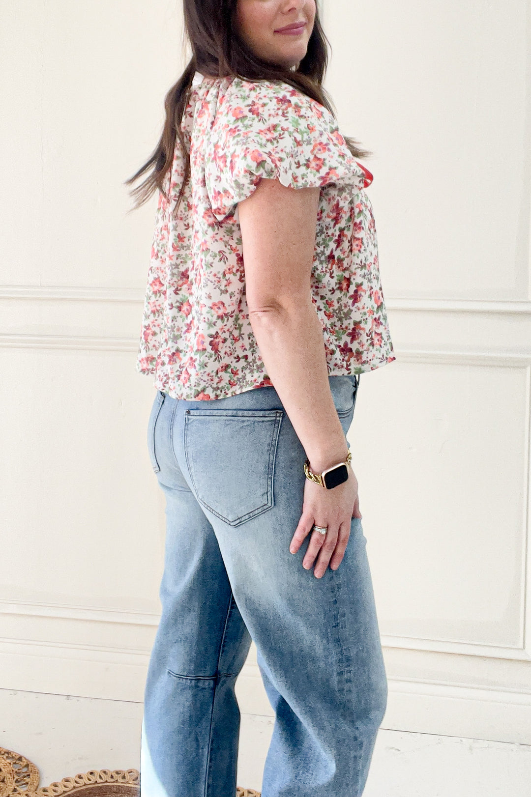 Short Bubble Sleeve Bow Detail Floral Blouse