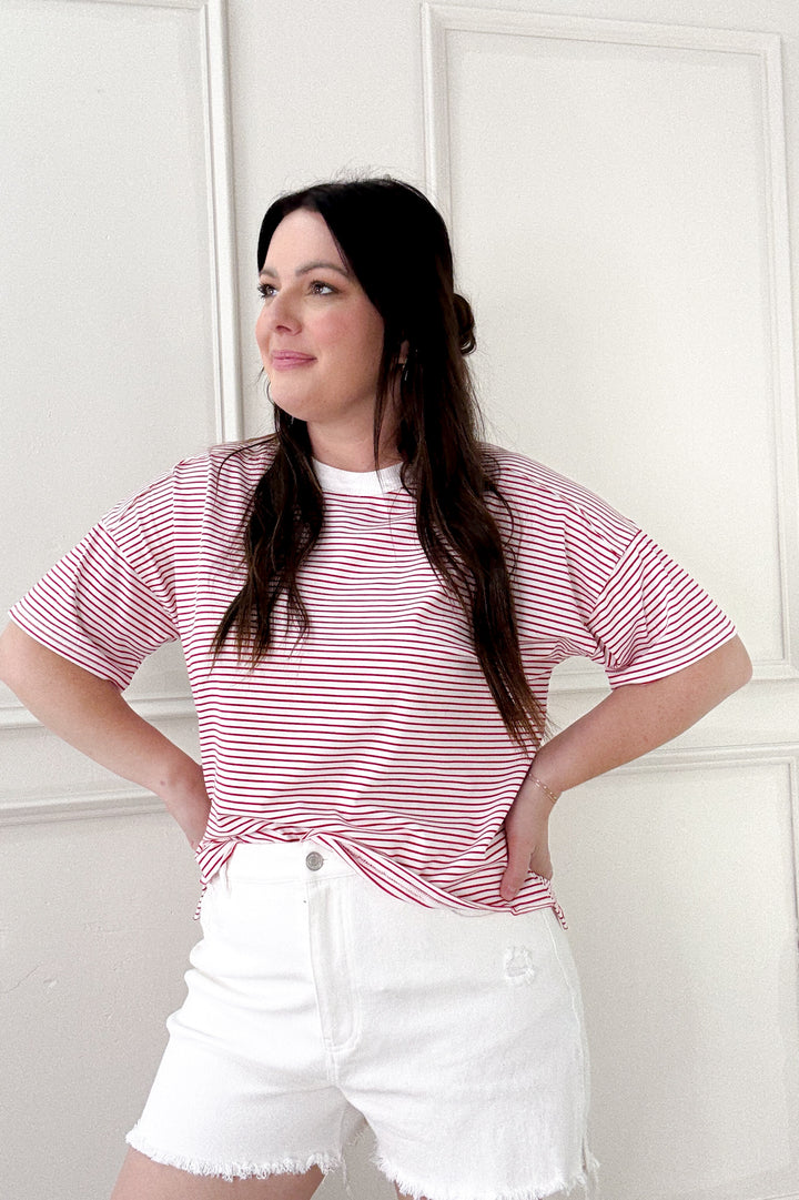 Spine Detail Striped Short Sleeve Top