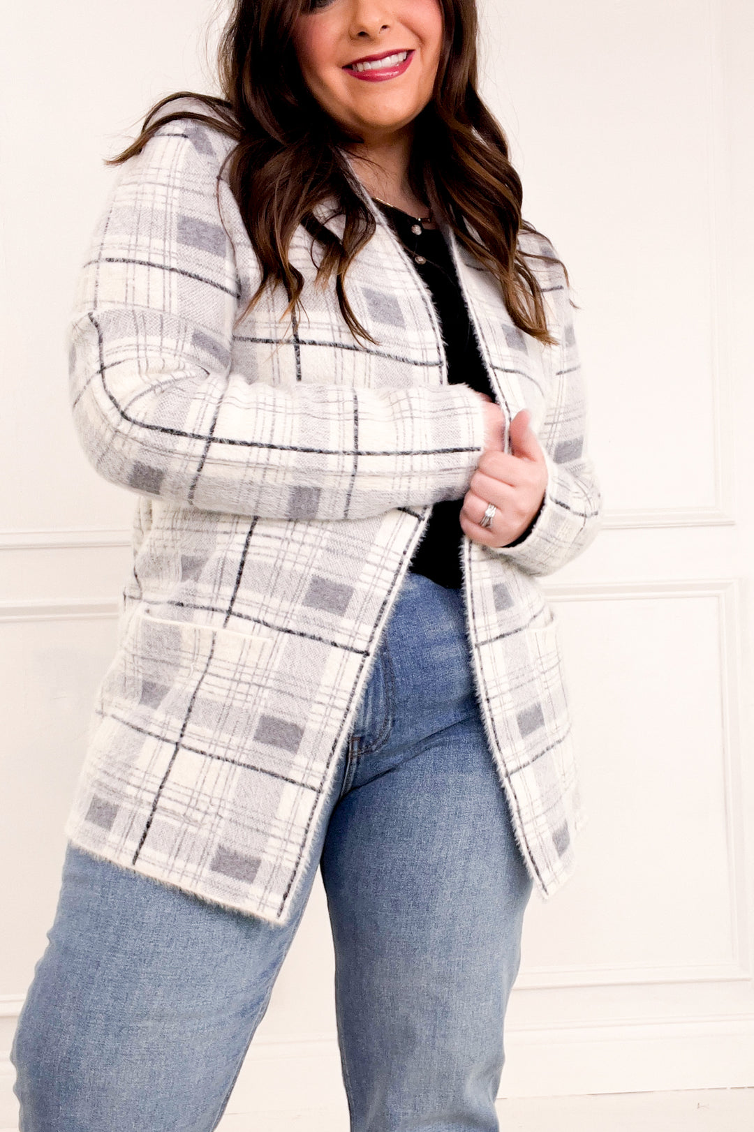 Open Front Checkered Fuzzy Sweater Cardigan