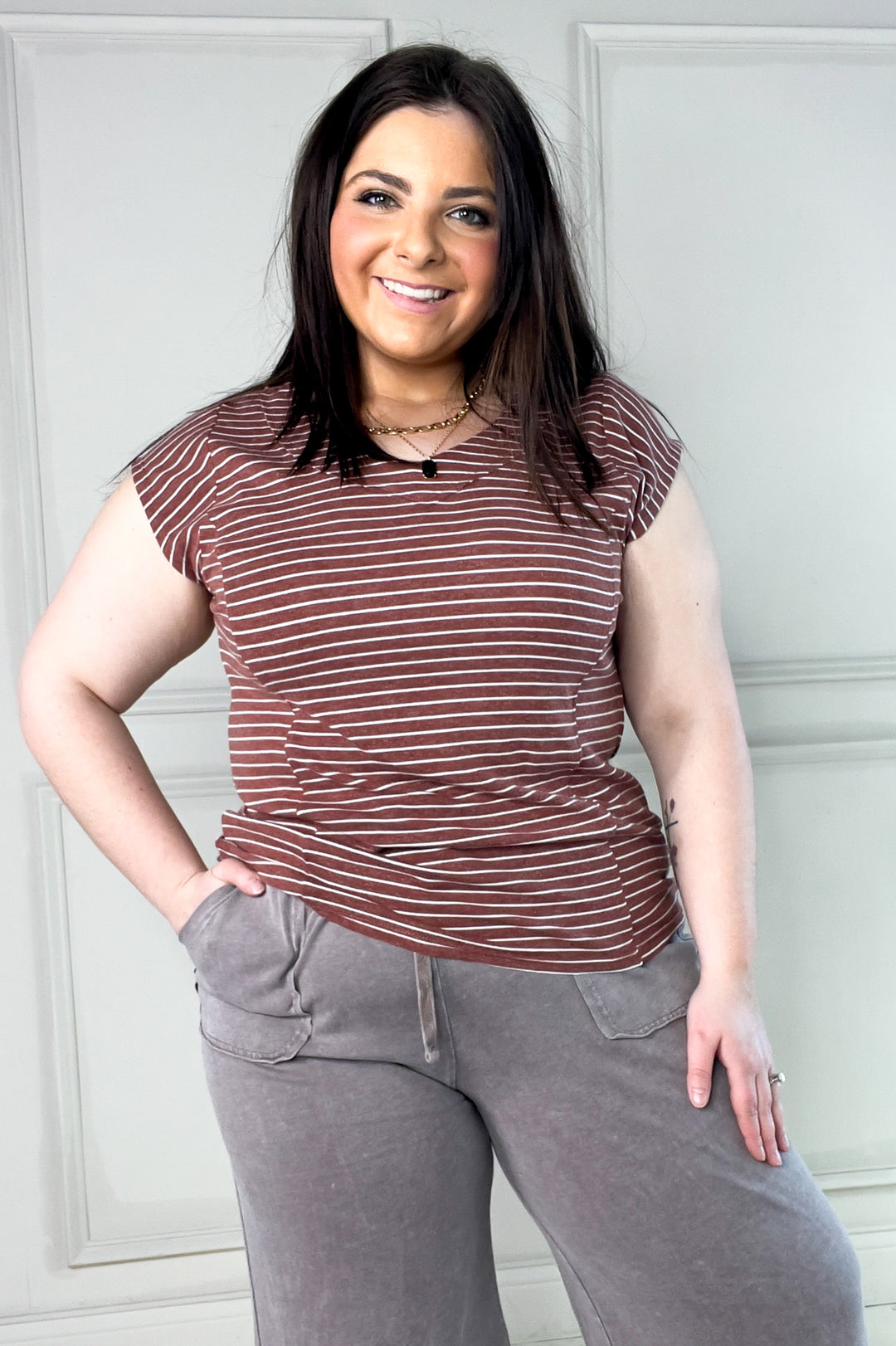 Extended Cap Sleeve Hacci Stripe Top