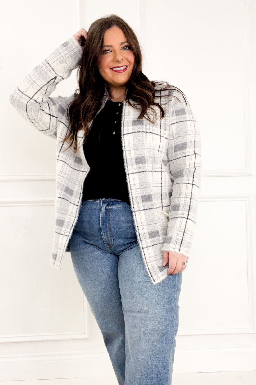 Open Front Checkered Fuzzy Sweater Cardigan