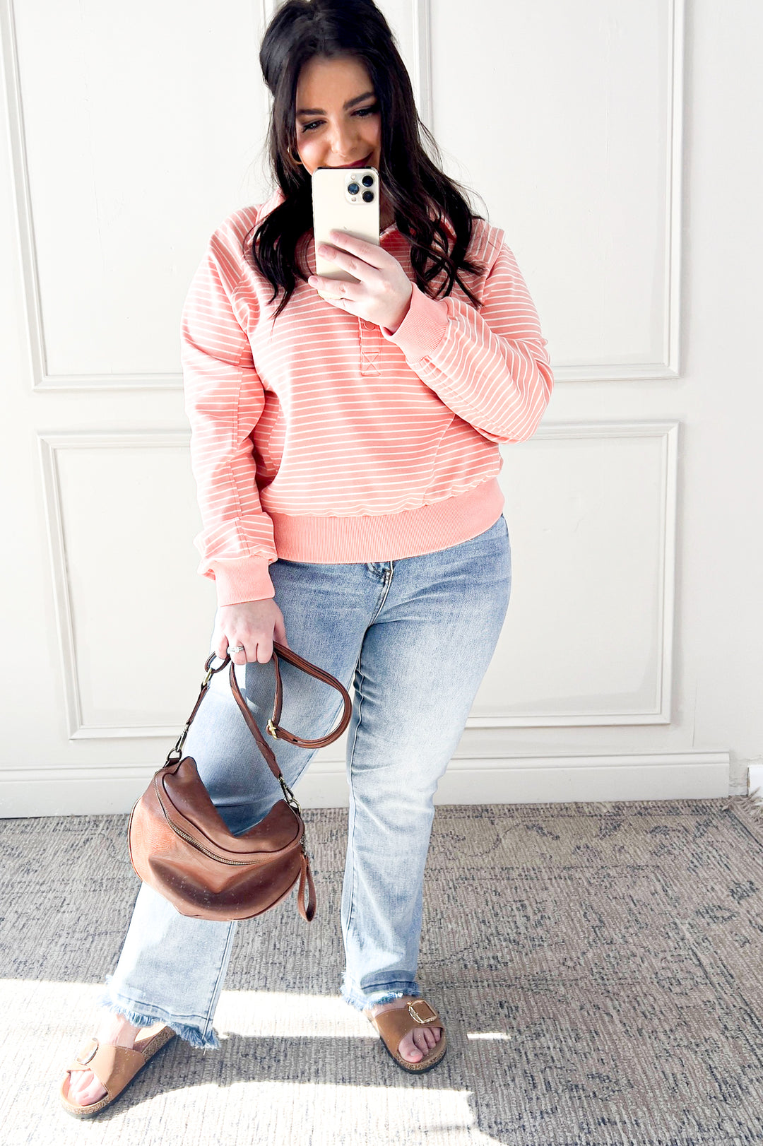 Collared Snap Button Striped Sweatshirt Pullover